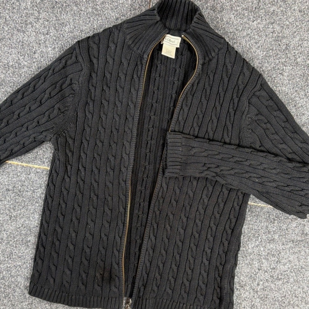 LL Bean Womens Black Cable Knit Full Zip Cotton Cardigan Sweater Small S-REG